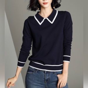 🍒 NWT Zakki | Navy & White Stripe-Hem Doll Collar Top Large (See description)